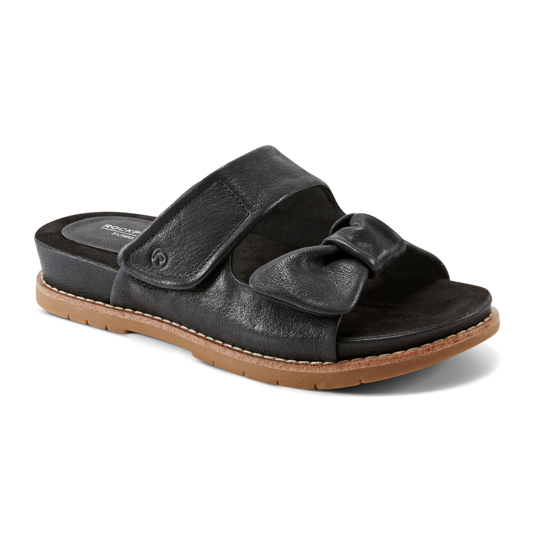 Rockport Women / Zova Slip-on Open Toe Flat Casual Sandals - Black Leather