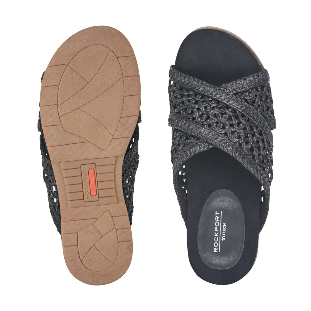 Rockport Women / Zora Open Toe Slip-on Flat Casual Sandals - Black