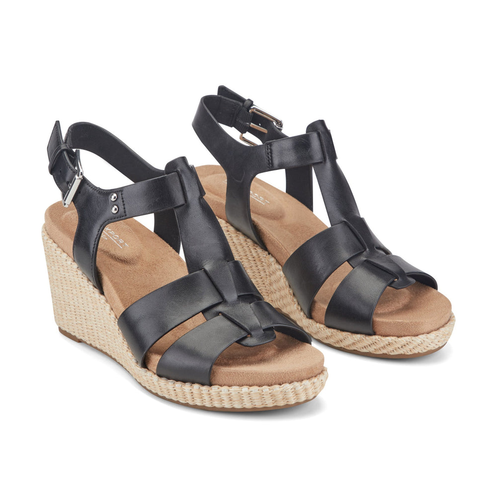 Rockport Women / Belle Casual Wedge Sandals - Black Leather